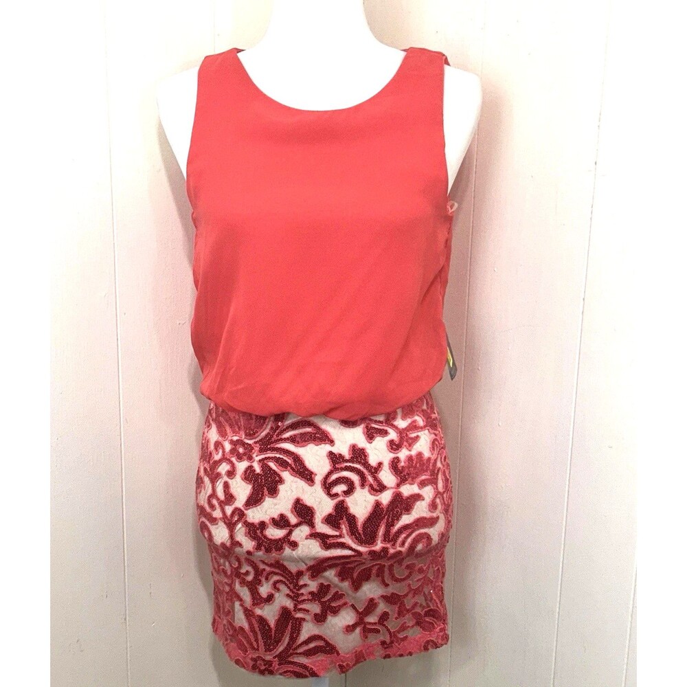 Teeze Me Melon Coral Mini Dress Size 1 Juniors Sequin Nude Dress Cocktail Party